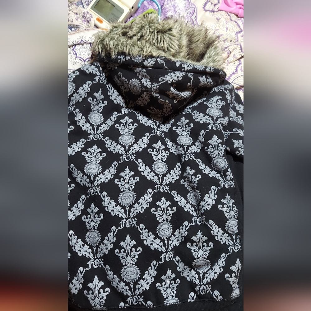 Fox Girls Black and Lt Blue Patterned Hoodie with Faux Fur Hood